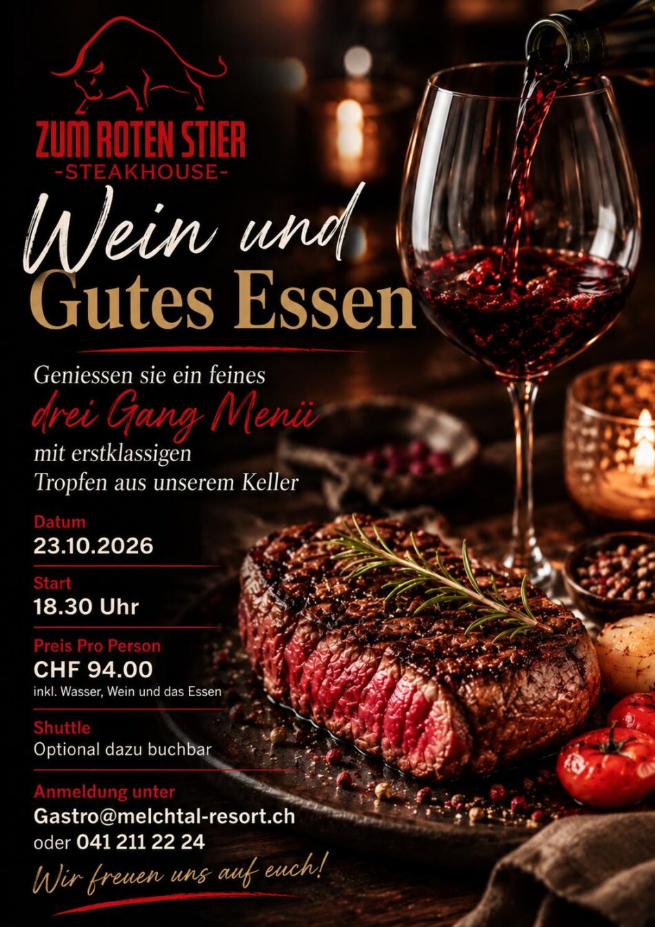 “Wein & Gutes Essen” im Melchtal Resort: Freitag, 23.10.2026